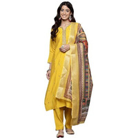 Varanga Women Yellow Round Neck Placement Embroidered Kurta Paired With Tonal Bottom & Printed Dupatta
