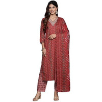 Varanga Women Red Printed V-Neck Embroidered Kurta With Bottom And Dupatta