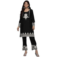 Varanga Women Black Embroidered Short Straight Kurta With Embroidered Bottom