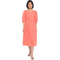 Fabindia Women's Cotton Fit And Flare Calf Length Casual Dress (10744823_Coral_Xs)