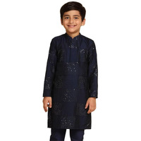 Kisah Boy's Kurta, Navy Blue Cotton Blend, Embroidery Long Sleeves Regular Fit Mandarin Collar (9-10 Years)