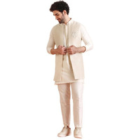 Kisah Mens Kurta Jacket Trouser Set|Silk Blend Fabric Stylish Woven Design Pattern Mens Ethnic Wear|Regular Fit Mandarin Collar Long Sleeves, Off White, 42