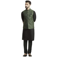 Kisah Men's Kurta Jacket Churidar Set, Olive Jacquard, Woven Design Long Sleeves Regular Fit Mandarin Collar (S)