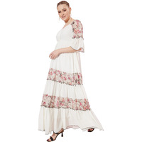 Miss Chase Women's Sweetheart Neckline Ruffled Sleeve Floral Patterned Tiered Maxi Georgette Dress (Mcaw22D06-56-191-06, Multicolored-Base-Off White, Xl)