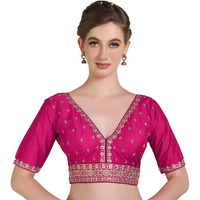 Pujia Mills Woman Readymade Ethnic Wear Deep V Neck Classic Butti Designer Half Sleeve Dark Pink Blouse Online Embroidery Zari Work With Diamond Work Border Blouse