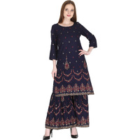 Rytras Women's Rayon Printed Straight Kurti With Sharara Set(Ryt269_Blue_Large)