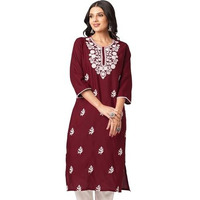 Sanisa Women's Cotton Blend Chikankari Embroidery Straight Kurti (474K10028N-Xl_Maroon)