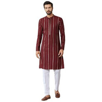 See Designs Men's Long Sleeve Mandarin Collar Side Slit Maroon Sequins Embroidered Pure Chanderi Silk Straight Kurta With Pyjama - Sdkt253801L