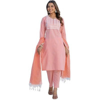 Sanisa Women's Cotton Embroidery And Mirror Work Straight Kurta With Pant And Dupatta Set (285Kbd2984N-Xl_Peach)