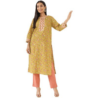 Fabindia Women's Cotton Kurta Set (1037544Yellow-Pink_Yellow