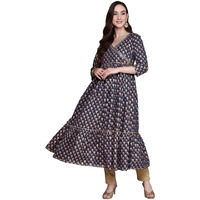 Ishin Women's Cotton Navy Blue Embellished Foil Print Anarkali Flared Kurta