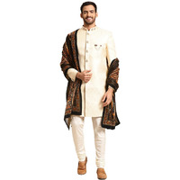 Kisah Sherwani Set With Dupatta For Men  Textured Silk Blend Jacquard Sherwani, Churidar & Dupatta | Traditional Indian Outfit For Weddings, Receptions & Festivals, White, 36