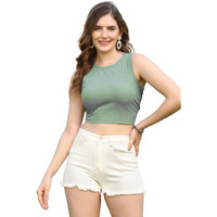 Om Sai Latest Creation Women's Ribbed Boat Neck Crop Top Sleeveless Readymade Saree Blouse(Green-L)