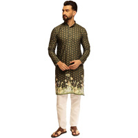 Sojanya (Since 1958 Men's Cotton Daman Print With Krochet Embroidered Green Kurta And Pyjama