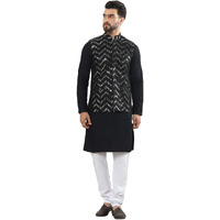 Sojanya (Since 1958 Men's Pure Cotton Black Kurta And White Pyjama With Sequins Black Nehru Jacket