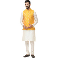 Sojanya (Since 1958 Men's Silk Blend Cream Kurta Pyjama With Mustard Nehrujacket Set