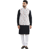 Sojanya (Since 1958 Men's Pure Cotton Black Kurta And White Pyjama With Embroidered Cream Nehru Jacket