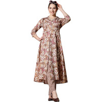 Stylum Women's Floral Printed Cotton Blend A-Line Kurta And Pant Set (Kpbrownsurbhi44_Brown, Xxl)