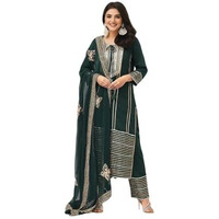 Ishin Women Green Gotta Patti Detail Staight Kurta With Pants And Dupatta