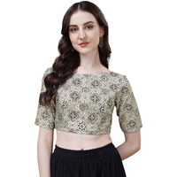 Oomph! Women's Indian Ethnic Wear Designer Ajrakh Pattern Boat Neck Half Sleeve Cotton Pista Blouse For Saree Or Lehnga And Blousepalazzos Or Skirts For A Fusion Twist.