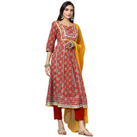 Stylum Women's Printed & Embellished Cotton Anarkali Kurta Pant Dupatta Set (Kpdredsamre44_Red, Xxl)