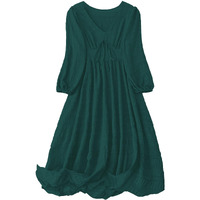 Shasmi Womens & Girls Teal Dress For Women Midi, One Piece Dress For Womens Casual Dress, Solid Textured Lantern Sleeve Tie Front V Neck Midi Dress (Dress 123 Teal Blue-L)