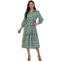 Shasmi Women & Girls Solid Green Geometric Print Collared Dress With Long Cuffed Sleeves, Panelled Hem And A Button-Up Front Gathered A-Line Midi Dress For Women (Dress 151 Green-Xl)