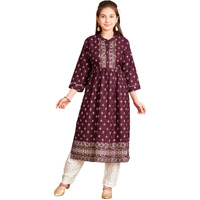Aarika Girls Ethnic Wear Wine Colour Foil Print Rayon Kurti Pant Set-(8-15 Years)-(Kp-Sd-5979-Wine-36)
