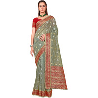 Glory Sarees Womens Banarasi Organza Silk Saree With Blouse Piece (Amrutam101_Grey)