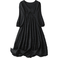 Shasmi Womens & Girls Black Dress For Women Midi, One Piece Dress For Womens Casual Dress, Solid Textured Lantern Sleeve Tie Front V Neck Midi Dress (Dress 123 Black-L)