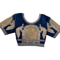 Pujia Mills Womens Zari Embroidery & Coding Twins Sequins Readymade Blouse (Dorr Parent Navy Blue M)
