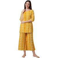 Rytras Womens Pure Cotton Printed Kurta Set With Palazzo Pants - Ethnic Wear(Ryt624,S) Yellow