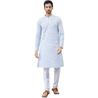 See Designs Men White And Blue Chikankari Embroidered Cotton Kurta Long Sleeves_Sdkt1428Xs