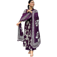 Toochki Womens Rayon Viscose Anarkali Printed Kurta With Palazzo & Dupatta Purple Color