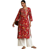 Varanga Women Bold Floral Printed With Lace Gota Patti Detailed Yoke Kurta Red