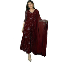 Xomantic Fashion Maroon Color Embroidered Designer Long Gown And Dupatta Set (X-Small, Maroon)