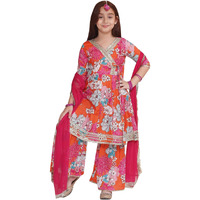 Preneum Girls's Cotton Rayon Printed Angrakha Kurta With Sharara & Dupatta, Orange, 5-6 Years