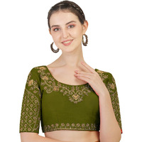 Pujia Mills Womens Embroidery Handwork Thread Zari Stone Work Readymade Blouse (38, Mahendi)