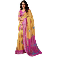 Satrani Womens Linen Zari Border Printed Ready To Wear One Minute Pre Pleated Readymade Saree With Unstitched Blouse Piece (33Rs320N_Yellow & Pink)