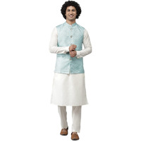 See Designs Men Sky Blue & White Solid Kurta Pyjamas With Nehru Jacket