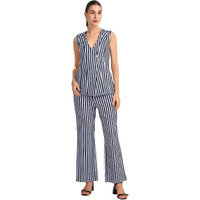 Selvia Co-Ords Set For Women | Lycra Top & Trouser Co-Ords Set | Formal Co-Ords Set For Women | Printed Two Piece Co-Ord Set | Office Wear Co-Ords Set(646Ctk11307N-S_White & Navy Blue)