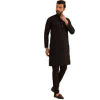 Sojanya (Since 1958 Mens Ethnic Motifs Embroidered Thread Work Pure Cotton Black Straight Kurta With Churidar