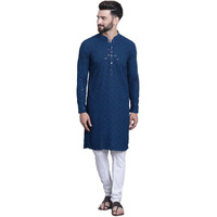 Sojanya (Since 1958 Mens Pure Cotton Teal Blue Sequence Kurta & White Pyjama Set
