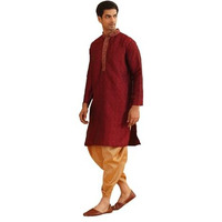 Sojanya (Since 1958 Mens Silk Blend Paisley Maroon Kurta With Gold Dhoti Set