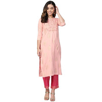 Anubhutee Womens Rayon Peach Ethnic Motifs Printed Straight Kurta Suit Set With Pants