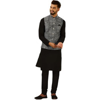 Kisah Mens Kurta Jacket Churidar Set, Black Cotton Blend, Printed Regular Fit Long Sleeves Mandarin Collar (M)