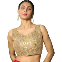 Pujia Mills Fancy Womens Foil Mirror And Thread Zari Work Sweetheart Neck Silk Sleeveless Blouse (Pc Bindi Foil Parent) (Mustard, 34)