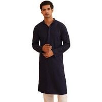 Sojanya (Since 1958 Mens Geometric Embroidered Thread Work Cotton Straight Navy Blue Long Kurta
