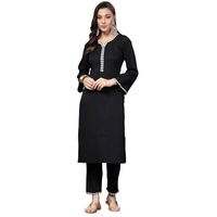 Stylum Womens Black Solid & Embroidered Italian Crepe Straight Kurta Pant Set