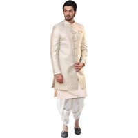 Kisah Mens Kurta Sherwani Dhoti Set Silk Blend Jacquard, Indo-Western Mens Wear, Cream, 40